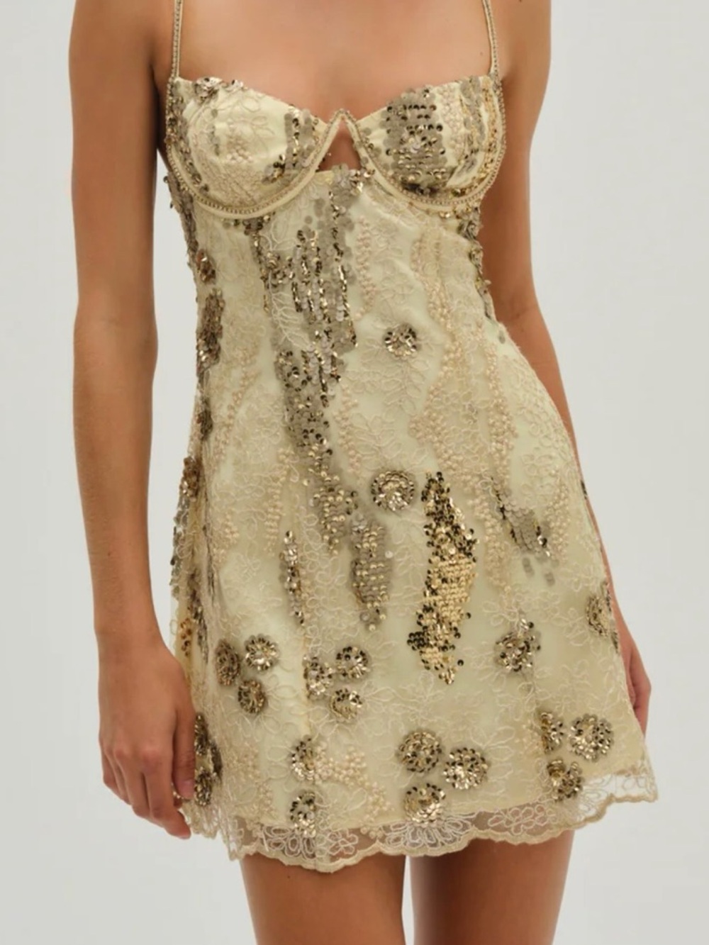 For Love And Lemons Gold Lace Sequin Slip Mini Dress